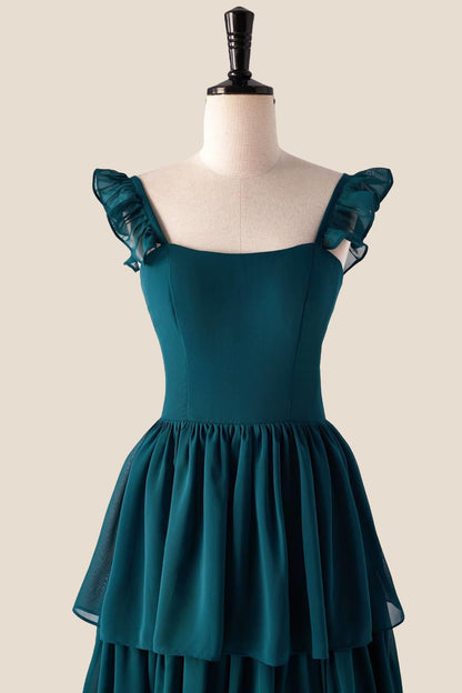 Straps Dark Blue Ruffle Long Bridesmaid Dress