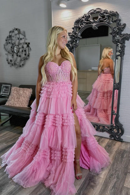 Sweetheart Black Lace Appliques Tiered Long Formal Dress