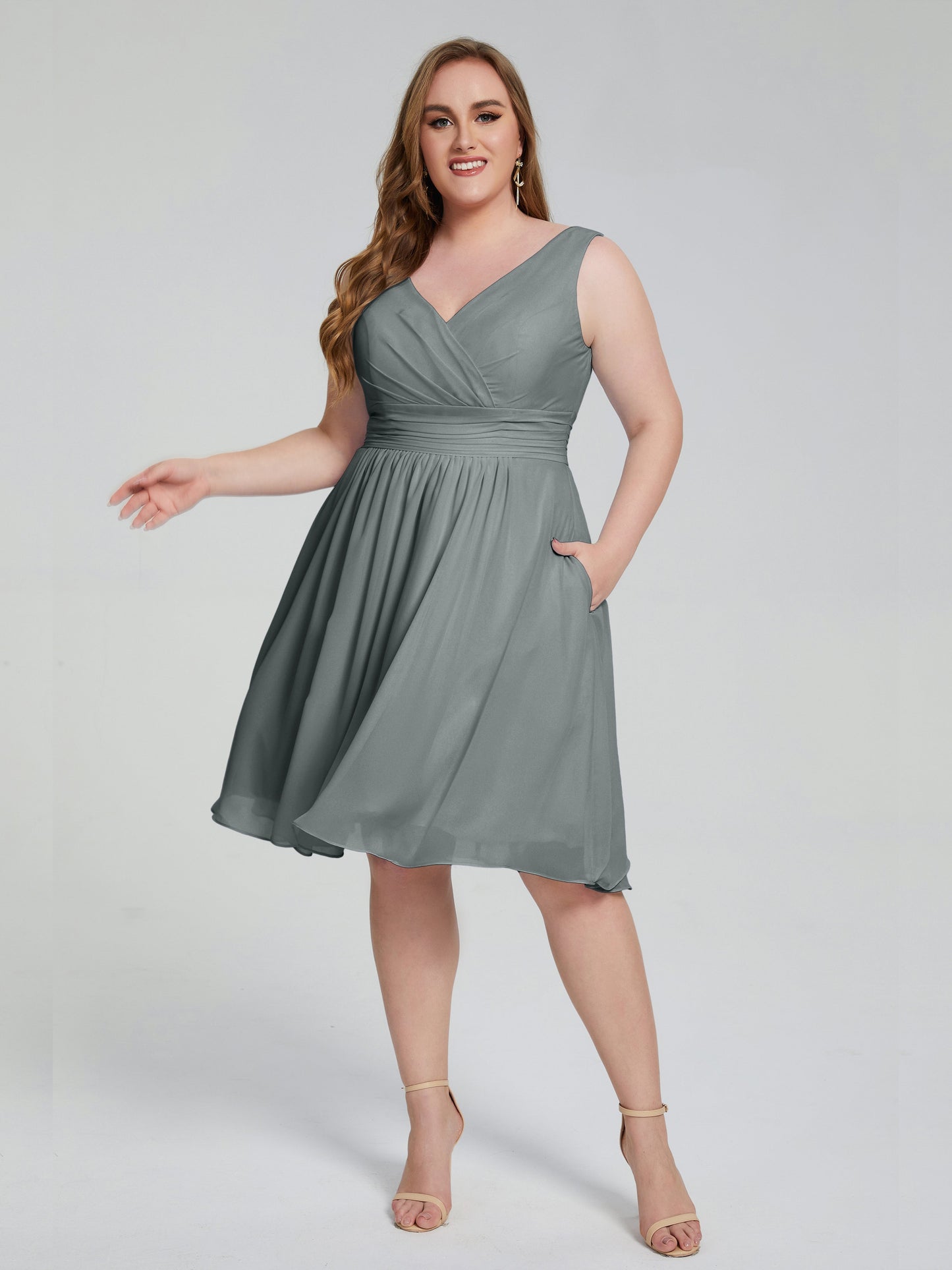 Callie V Neck Midi Mother Of The Bride Dresses With Pockets