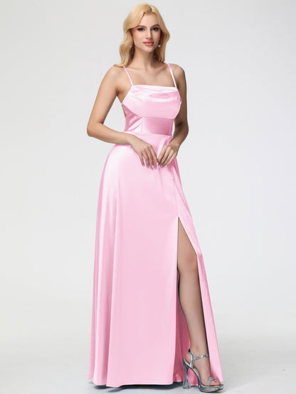 Black Satin Bridesmaid Dresses Charming Spaghetti Straps A Line Stretch Satin Bridesmaid Dress With Slit