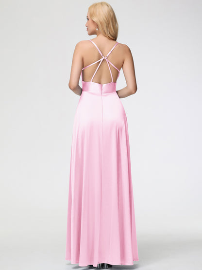 Black Satin Bridesmaid Dresses Charming Spaghetti Straps A Line Stretch Satin Bridesmaid Dress With Slit