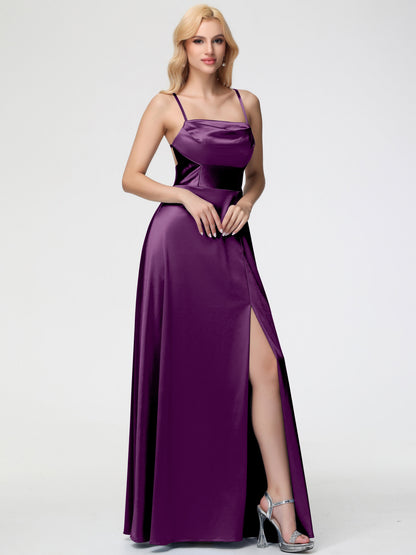 Bridesmaid Dress Grape Charming Spaghetti Straps A Line Stretch Satin Bridesmaid Dress With Slit