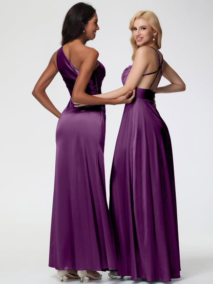 Bridesmaid Dress Grape Charming Spaghetti Straps A Line Stretch Satin Bridesmaid Dress With Slit