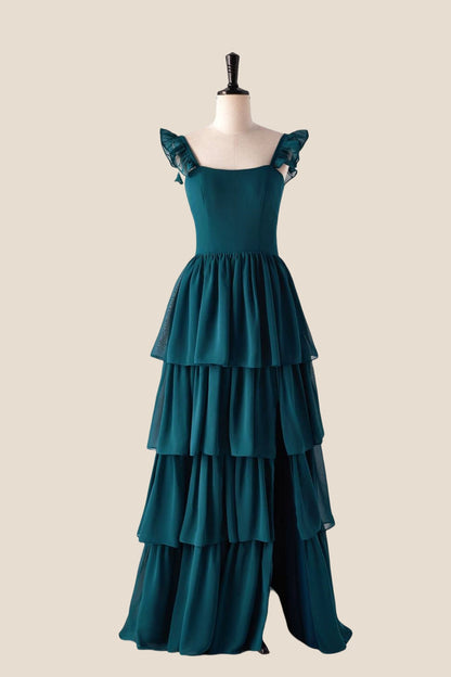 Straps Dark Blue Ruffle Long Bridesmaid Dress