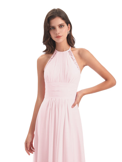 Adilynn Sheath Halter Lace Bridesmaid Dresses