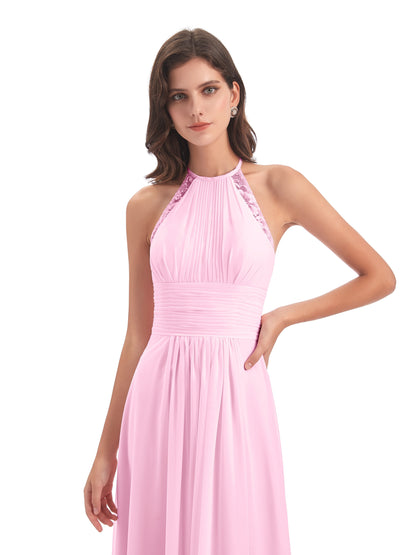 Adilynn Sheath Halter Lace Bridesmaid Dresses