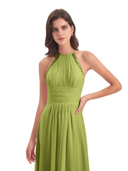 Adilynn Sheath Halter Lace Bridesmaid Dresses