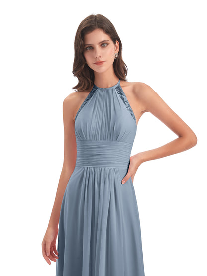 Adilynn Sheath Halter Lace Bridesmaid Dresses