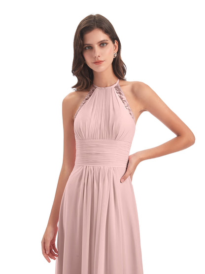 Adilynn Sheath Halter Lace Bridesmaid Dresses