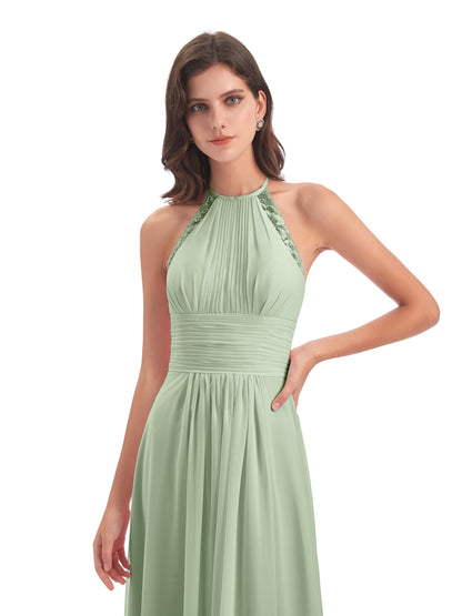Adilynn Sheath Halter Lace Bridesmaid Dresses