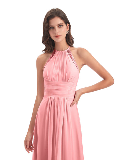 Adilynn Sheath Halter Lace Bridesmaid Dresses
