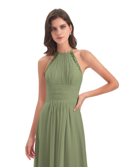 Adilynn Sheath Halter Lace Bridesmaid Dresses