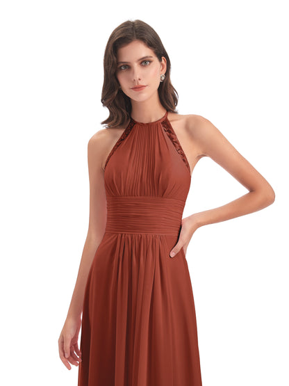 Adilynn Sheath Halter Lace Bridesmaid Dresses