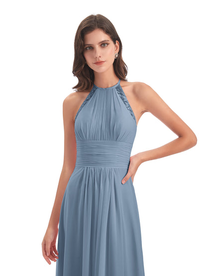 Adilynn Sheath Halter Lace Bridesmaid Dresses
