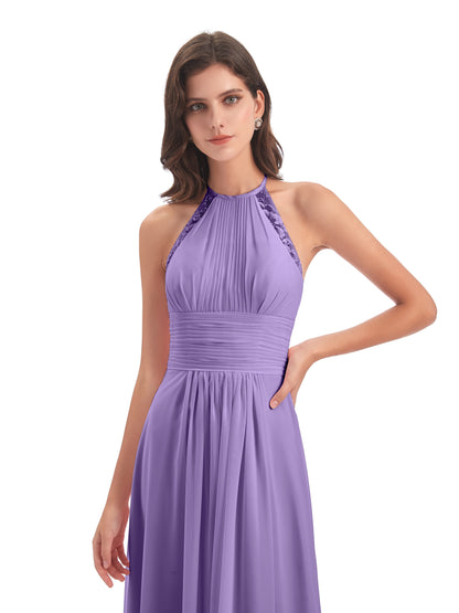 Adilynn Sheath Halter Lace Bridesmaid Dresses