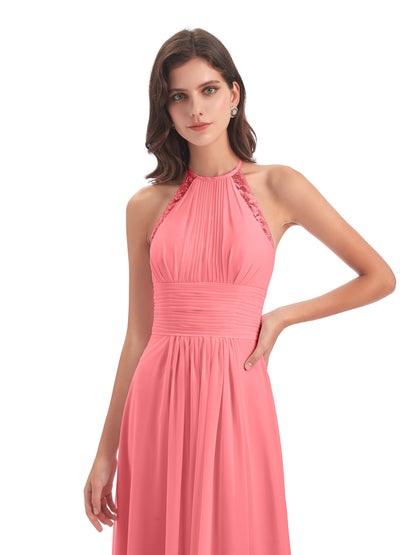 Adilynn Sheath Halter Lace Bridesmaid Dresses