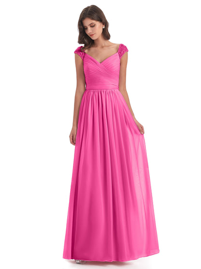 Arely Cap Sleeves Chiffon Long Bridesmaid Dresses