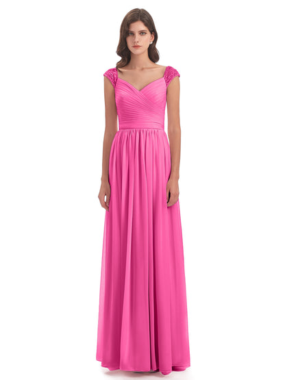 Arely Cap Sleeves Chiffon Long Bridesmaid Dresses