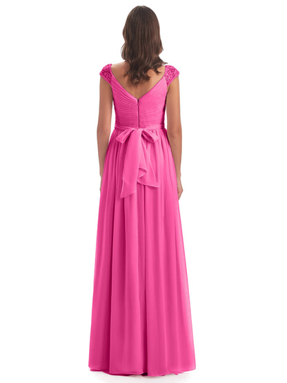 Arely Cap Sleeves Chiffon Long Bridesmaid Dresses