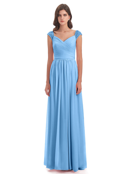 Arely Cap Sleeves Chiffon Long Bridesmaid Dresses