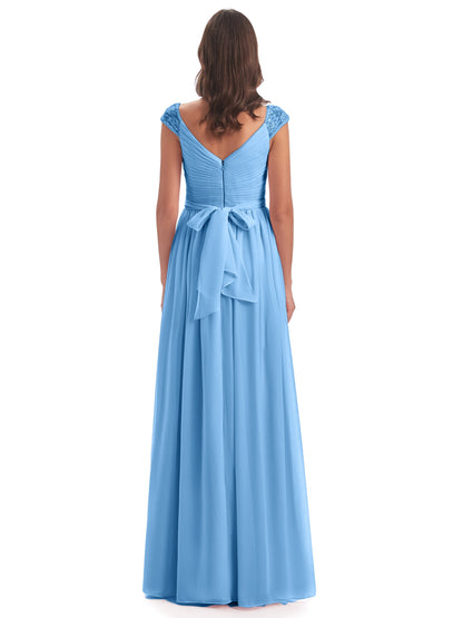 Arely Cap Sleeves Chiffon Long Bridesmaid Dresses