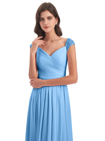Arely Cap Sleeves Chiffon Long Bridesmaid Dresses