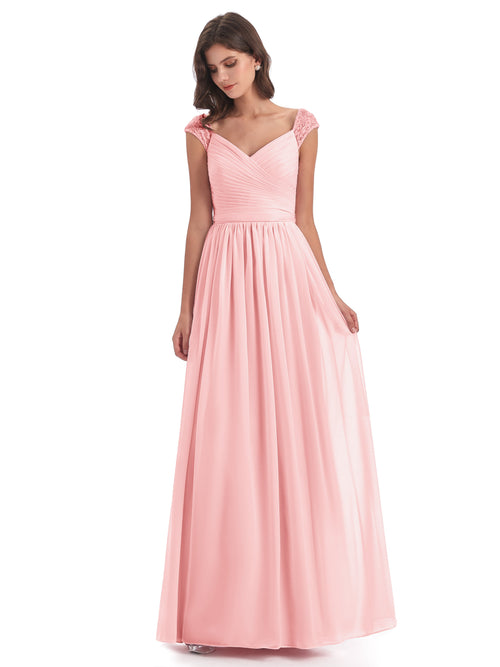 Arely Cap Sleeves Chiffon Long Bridesmaid Dresses