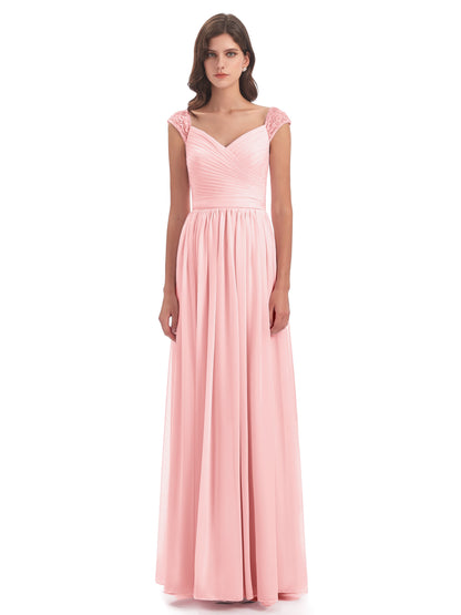 Arely Cap Sleeves Chiffon Long Bridesmaid Dresses