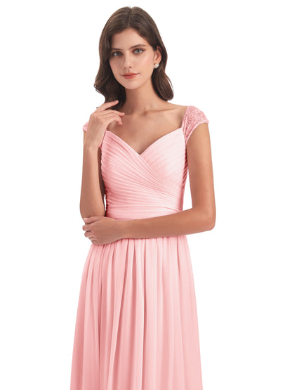 Arely Cap Sleeves Chiffon Long Bridesmaid Dresses