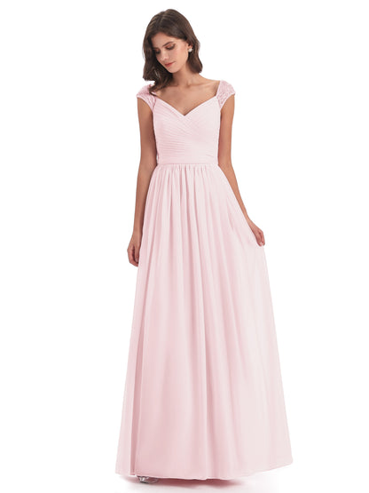Arely Cap Sleeves Chiffon Long Bridesmaid Dresses