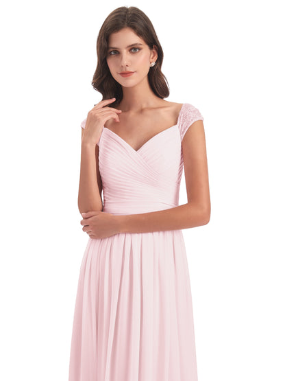 Arely Cap Sleeves Chiffon Long Bridesmaid Dresses