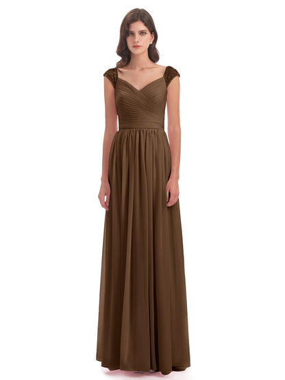 Arely Cap Sleeves Chiffon Long Bridesmaid Dresses