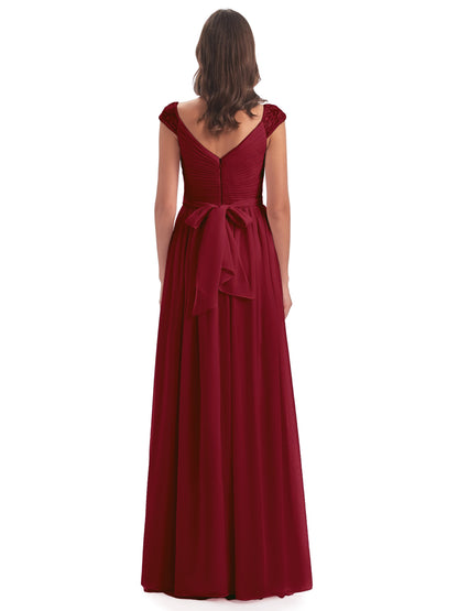 Arely Cap Sleeves Chiffon Long Bridesmaid Dresses