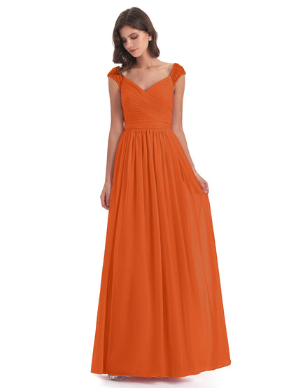 Arely Cap Sleeves Chiffon Long Bridesmaid Dresses