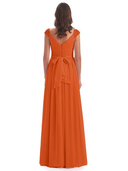 Arely Cap Sleeves Chiffon Long Bridesmaid Dresses