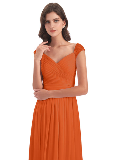 Arely Cap Sleeves Chiffon Long Bridesmaid Dresses