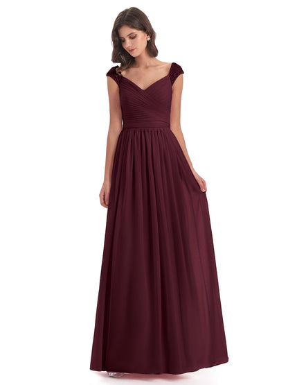 Arely Cap Sleeves Chiffon Long Bridesmaid Dresses