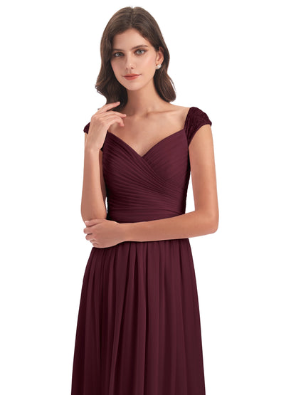 Arely Cap Sleeves Chiffon Long Bridesmaid Dresses