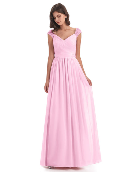Arely Cap Sleeves Chiffon Long Bridesmaid Dresses