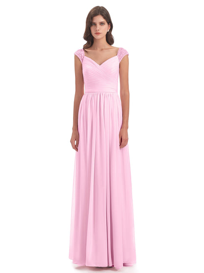 Arely Cap Sleeves Chiffon Long Bridesmaid Dresses