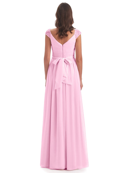 Arely Cap Sleeves Chiffon Long Bridesmaid Dresses