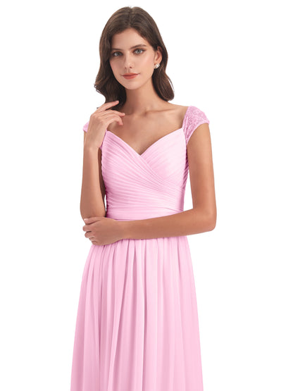 Arely Cap Sleeves Chiffon Long Bridesmaid Dresses