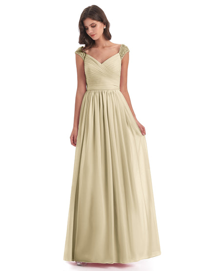Arely Cap Sleeves Chiffon Long Bridesmaid Dresses