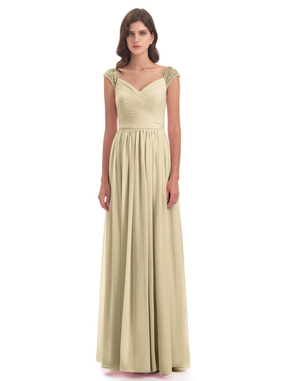 Arely Cap Sleeves Chiffon Long Bridesmaid Dresses