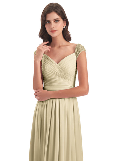 Arely Cap Sleeves Chiffon Long Bridesmaid Dresses