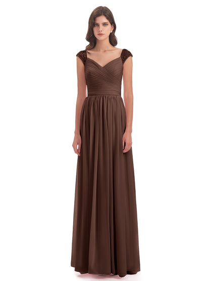 Arely Cap Sleeves Chiffon Long Bridesmaid Dresses