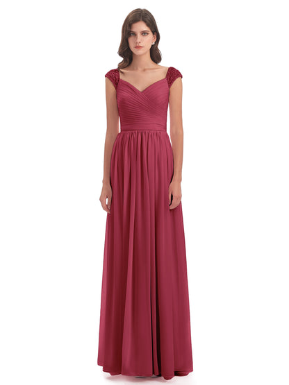 Arely Cap Sleeves Chiffon Long Bridesmaid Dresses