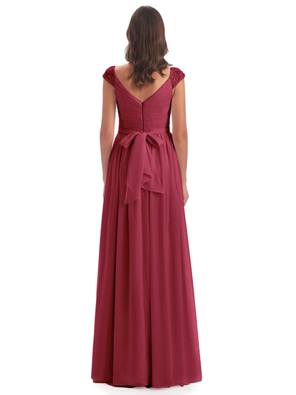 Arely Cap Sleeves Chiffon Long Bridesmaid Dresses