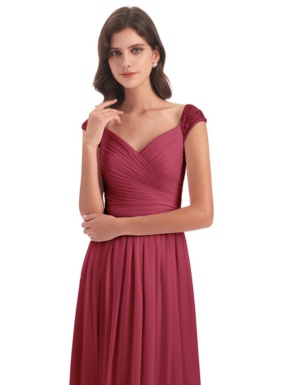 Arely Cap Sleeves Chiffon Long Bridesmaid Dresses