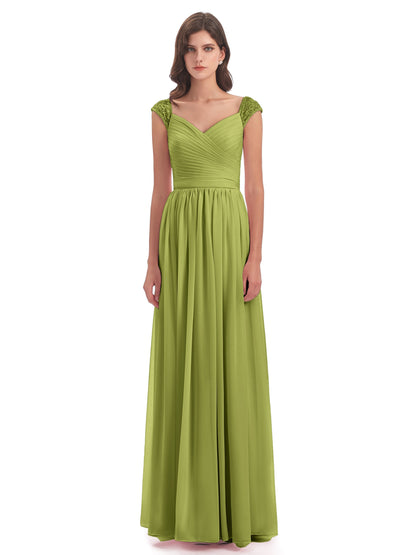 Arely Cap Sleeves Chiffon Long Bridesmaid Dresses